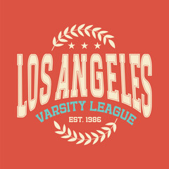 Los Angeles varsity league - duotone vintage college style typography slogan print for tee - t shirt design. Vintage text with floral branches. Flat Vector illustration