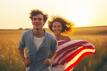 Beautiful young couple runs across a field at sunset, holding waving American flag in their hands. Cheerful charming girl and her boyfriend laugh happily enjoying summer evening. American patriotism.