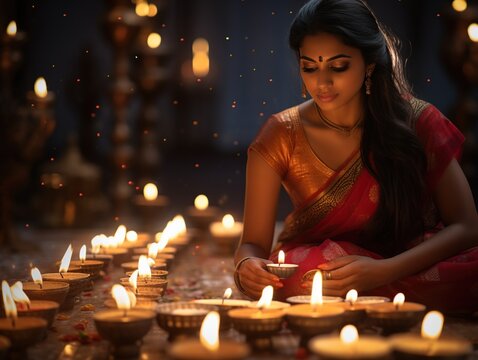 Indian woman lighting up candles at diwali festival, diwali celebration 