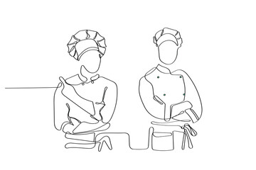 Continuous line art of process of cooking . Chef working in Kitchen. Creativity involved in cookery. Continuous line art of a chef in hat. Vector art. Poster design ideas and elements. Culinary art.