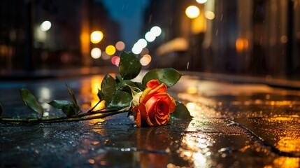 At night in the city, it rains, and the roads are wet with flowers