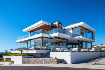Fototapeta premium 3d rendering of modern cozy house with pool and parking for sale or rent