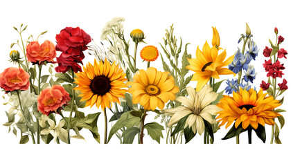Sets of beautiful Italian flowers and nature elements, set of various types of Daisies and Roses, Sunflowers, Lilies, Poppies isolated on white background 