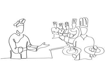 Continuous line art of process of cooking . Chef working in Kitchen. Creativity involved in cookery. chef colleague line art