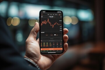Fototapeta na wymiar Male hand holding a smartphone using a mobile investment application. investing in the stock market and cryptocurrency trading on the app.