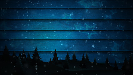Christmas Scene on Barn Wood Siding features a pine forest silhouette with stars and snow falling against an old fashion barn wood background, Not A.I. generated. - obrazy, fototapety, plakaty