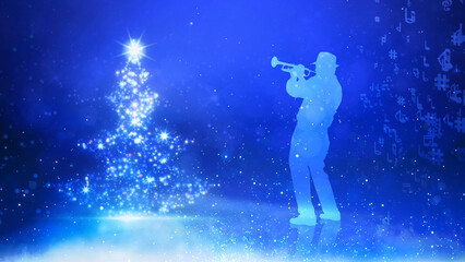 Christmas Tree Musician Blue Background features a blue atmosphere with a particle Christmas tree and the silhouette of a man playing a horn with particles and music notes in the air, Not A.I.