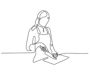 line art vector of a girl chef. Continuous line art of process of cooking . Chef working in Kitchen. Creativity involved in cookery. Vector art.