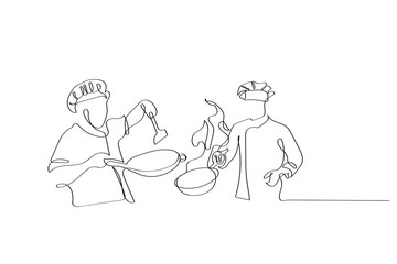 Continuous line art of process of cooking . Chef working in Kitchen. Creativity involved in cookery. Vector art.  chefs or cook cooking in the kitchen illustration - obrazy, fototapety, plakaty