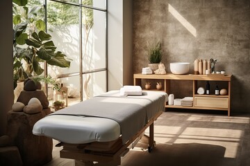 Spa salon concept, massage room. AI Generated.
