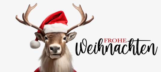 Frohe Weihnachten Konzept Grußkarte mit deutschem Text - Cooles Rentier mit Nikolausmütze oder Weihnachtsmannmütze, isoliert auf weißem Hintergrund - obrazy, fototapety, plakaty