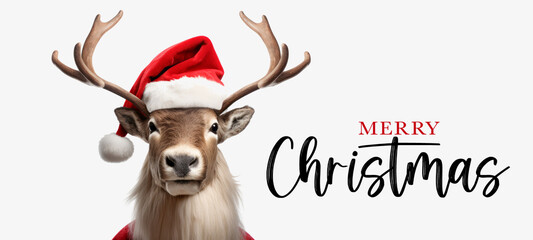 Merry Christmas concept holiday vacation winter background greeting card with text - Cool reindeer with santa claus hat, isolated on white background - obrazy, fototapety, plakaty