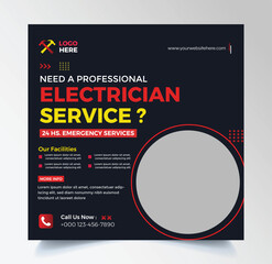 Electrical service social media post banner set, handyman electricity advertisement concept, light bulb electrician abstract square ad, flyer leaflet concept, isolated.