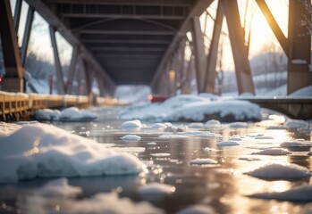 Snow covered bottom of the bridge in winter