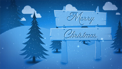 Merry Christmas Winter Sign Vector features a winter scene with pine trees and a sign wishing the viewer a Merry Christmas, Not A.I. generated.