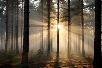 Frosted pine forest, sun rays piercing through morning mist.