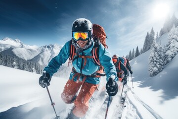 Group of friends, bundled in winter gear, skiing down a snowy mountain. - obrazy, fototapety, plakaty
