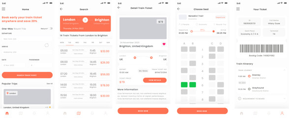 Train Ticket, Railway Travel Booking and Search Trips Mobile App UI Kit Template