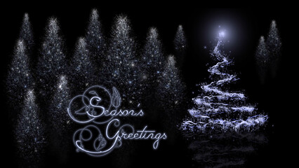 Seasons Greetings Reflective Trees features an elegant holiday greeting with silver blue  Christmas trees rising out of black reflective surface with a seasons greeting, not A.I. generated