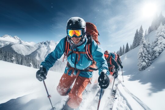 Group Of Friends, Bundled In Winter Gear, Skiing Down A Snowy Mountain.