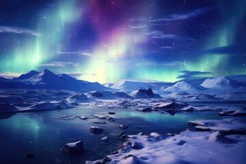 Northern lights illuminating a snowy tundra landscape.