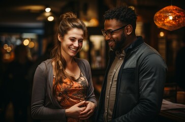 A young diverse couple enjoying a conversation at a café