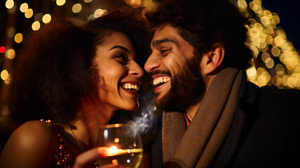 Happy couple celebrating together, smiling, New Year's Eve, christmas, birthday and wedding, holding a glass of champagne, fireworks, couple drinking at a party, happiness, man and woman together - Powered by Adobe
