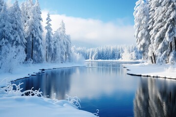 Winter wonderland, snow-covered trees, and a frozen lake. - obrazy, fototapety, plakaty