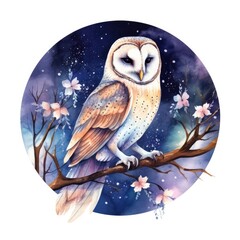 Watercolor magical owl sitting on a tree branch for T-shirt Design.