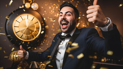 Obraz premium Happy man celebrating New Year's Eve, time passing, clock in the background, bokeh and firework, new year, 2024, 2025, man in a tuxedo, new year's celebration, party event, dancing, nightclub