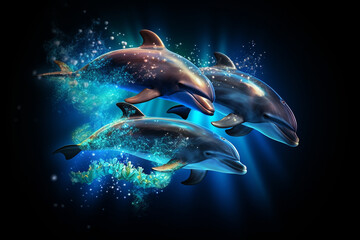 Dolphins leaping through bioluminescent waters, expressing the love and creation of nighttime wonders, love and creation