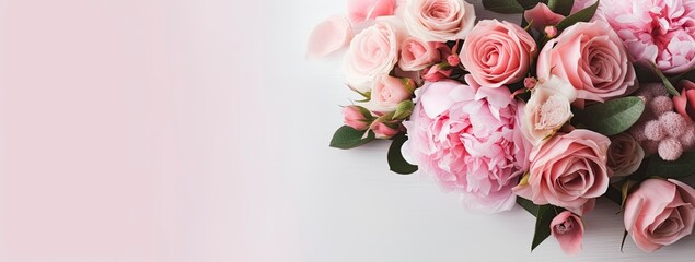 Fresh bunch of pink peonies and roses with copy space. - obrazy, fototapety, plakaty