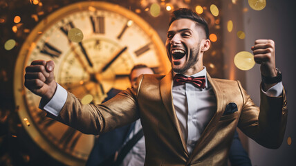 Happy man celebrating New Year's Eve, confetti, time passing, clock in the background, 2024, 2025,...