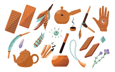 Set with sacred shaman illustrations for body and soul healing, meditation and awareness practices. Isolated vector illustration