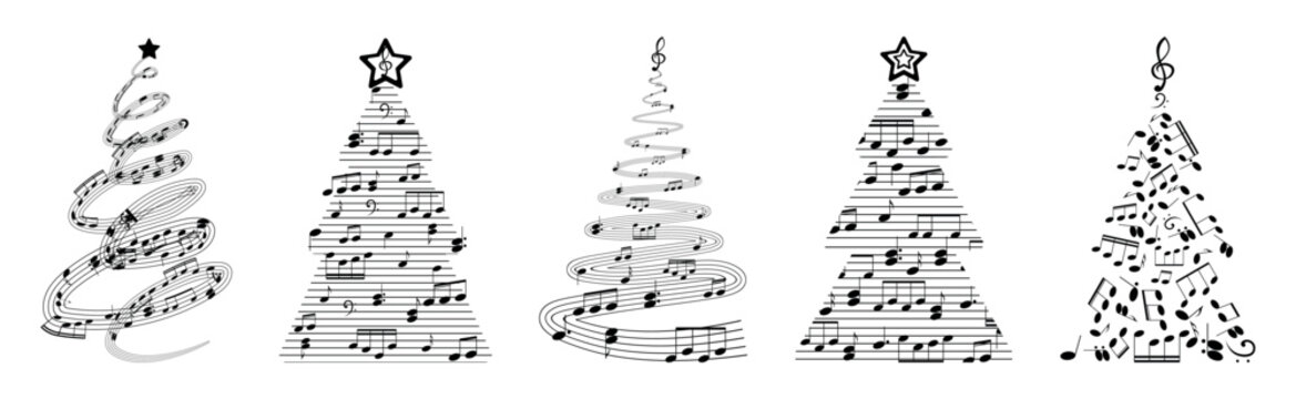 Set of Christmas trees made of music notes on white background
