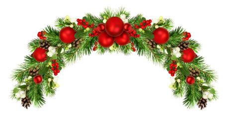 Snowberries with green twigs of Christmas tree, red decorations and cones in a holiday wave garland isolated on white or transparent background
