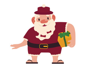 Funny Santa Claus with flip-flops and Christmas gift on white background