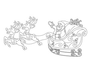 Flying Santa Claus with sleigh and reindeer on white background