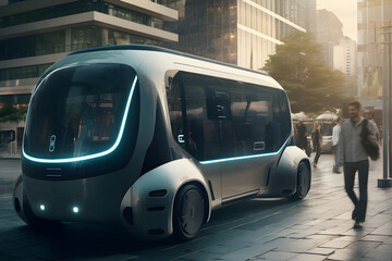 Autonomous electric bus in a city square, which integrates perfectly into the urban architecture...