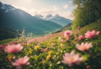 Fototapeta premium Beautiful blurred spring mountain background nature with blooming glade