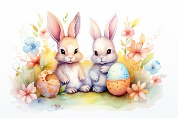 Easter egg illustration featuring cute bunnies. Generative AI