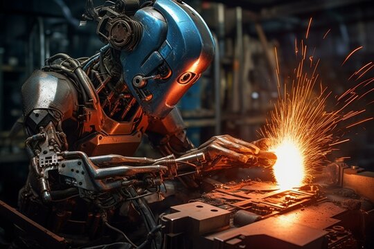 Intense welding robot in operation. Generative AI