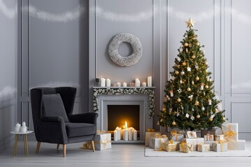 Modern Living Room With Fireplace, Christmas Tree, Gift Boxes And Armchair.