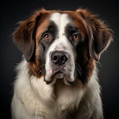 Fotografia con detalle de perro de raza San Bernardo de tonos blancos y marrones sobre fondo de color oscuro