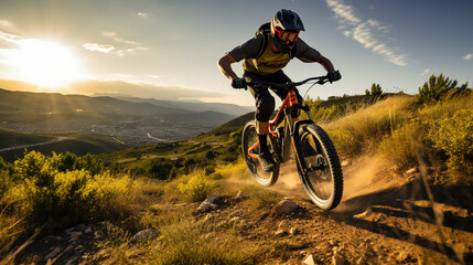 Adventurous Mountain Biker Swiftly Descending a Thrilling Trail: Exhilarating Outdoor Recreational Lifestyle Sport Amidst the Beauty of Nature	