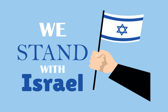 Banner with text WE STAND WITH ISRAEL, hand and flag