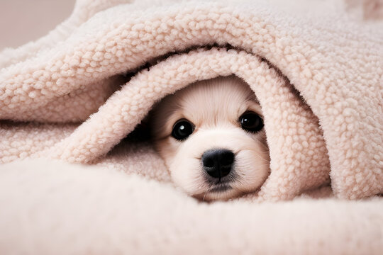 A cute puppy in the warm blanket.
Generative AI