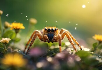 Beautiful blurred close up spider stay at meadow flower nature with blooming glade