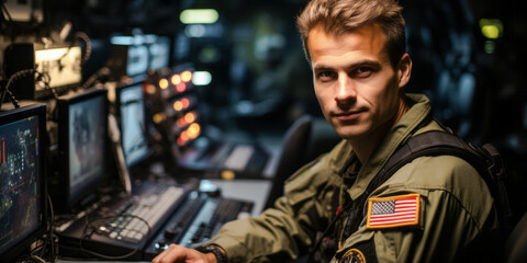 Fototapeta premium Critical Links in Operation: Command and Control Center Officer at Work