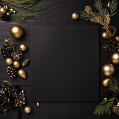 Fondo con textura y detalle de folio de color negro sobre superficie oscura y decoración de navidad de tonos dorados - obrazy, fototapety, plakaty